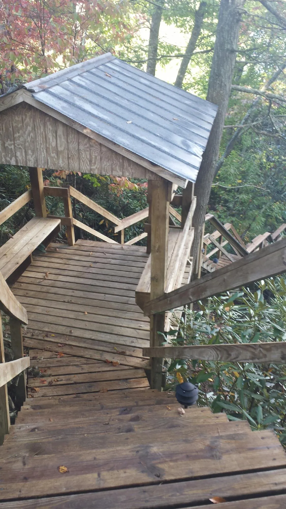Metal roofed shelter over wooden steps on a wooded walkway — Skylight Repair & Installation work by our crew in Bat Cave
